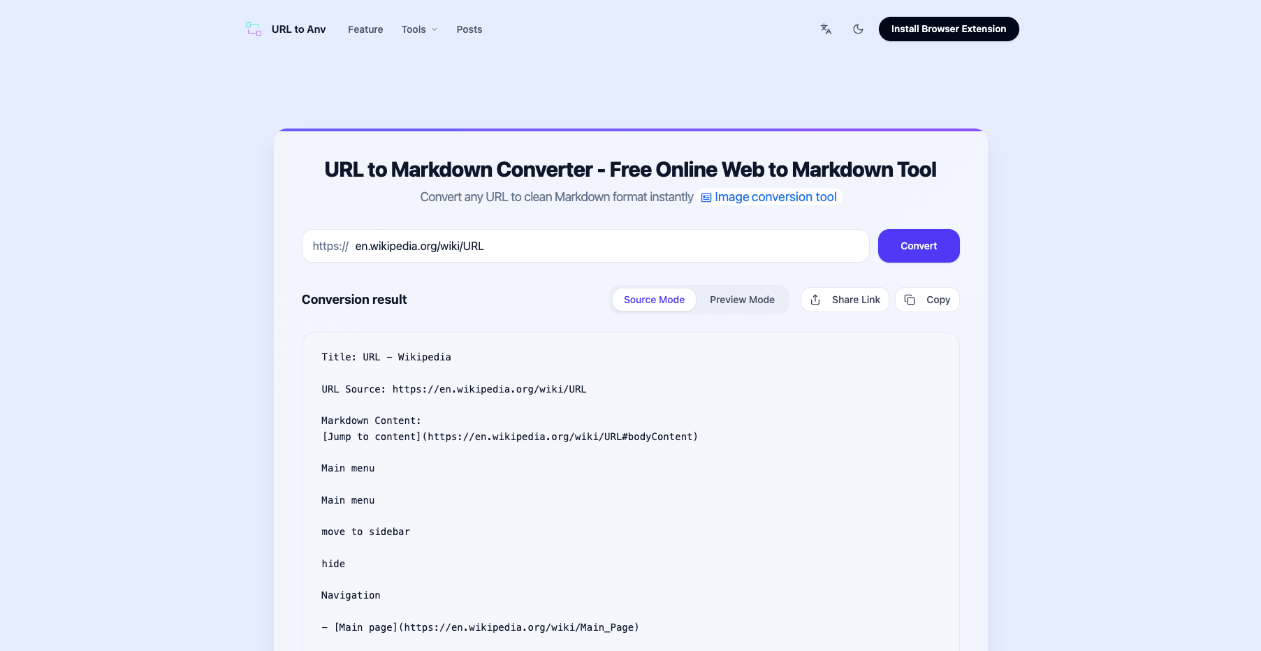 The URL to Markdown tool after converting a Wikipedia page, with the structured Markdown result ready to copy