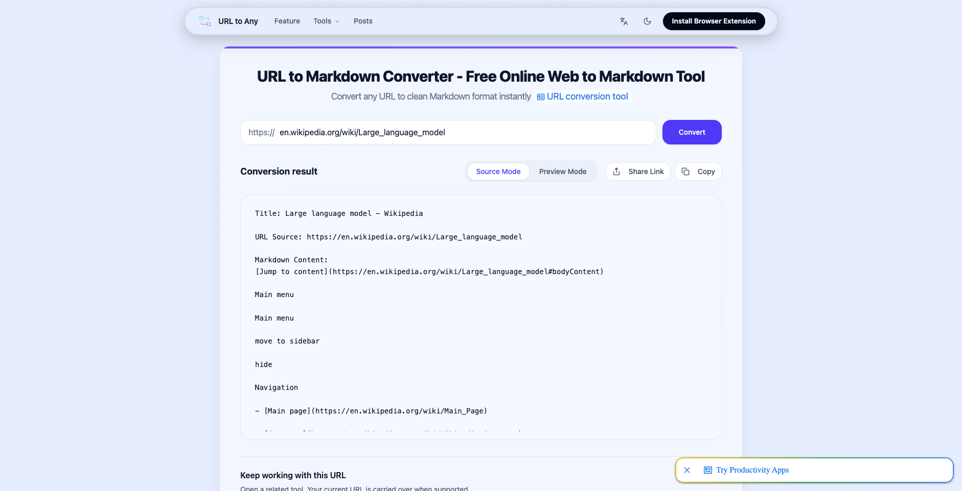 URL to Any's URL to Markdown tool converting the Wikipedia article on large language models into clean Markdown