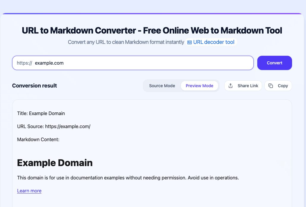 Preview Mode of the conversion result showing example.com rendered as clean Markdown with a heading, paragraph, and link