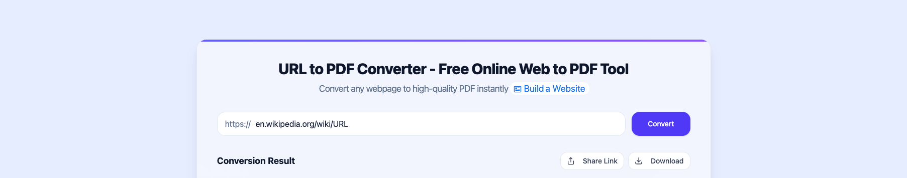 The URL to PDF tool after capturing a webpage, with the generated PDF document ready to download