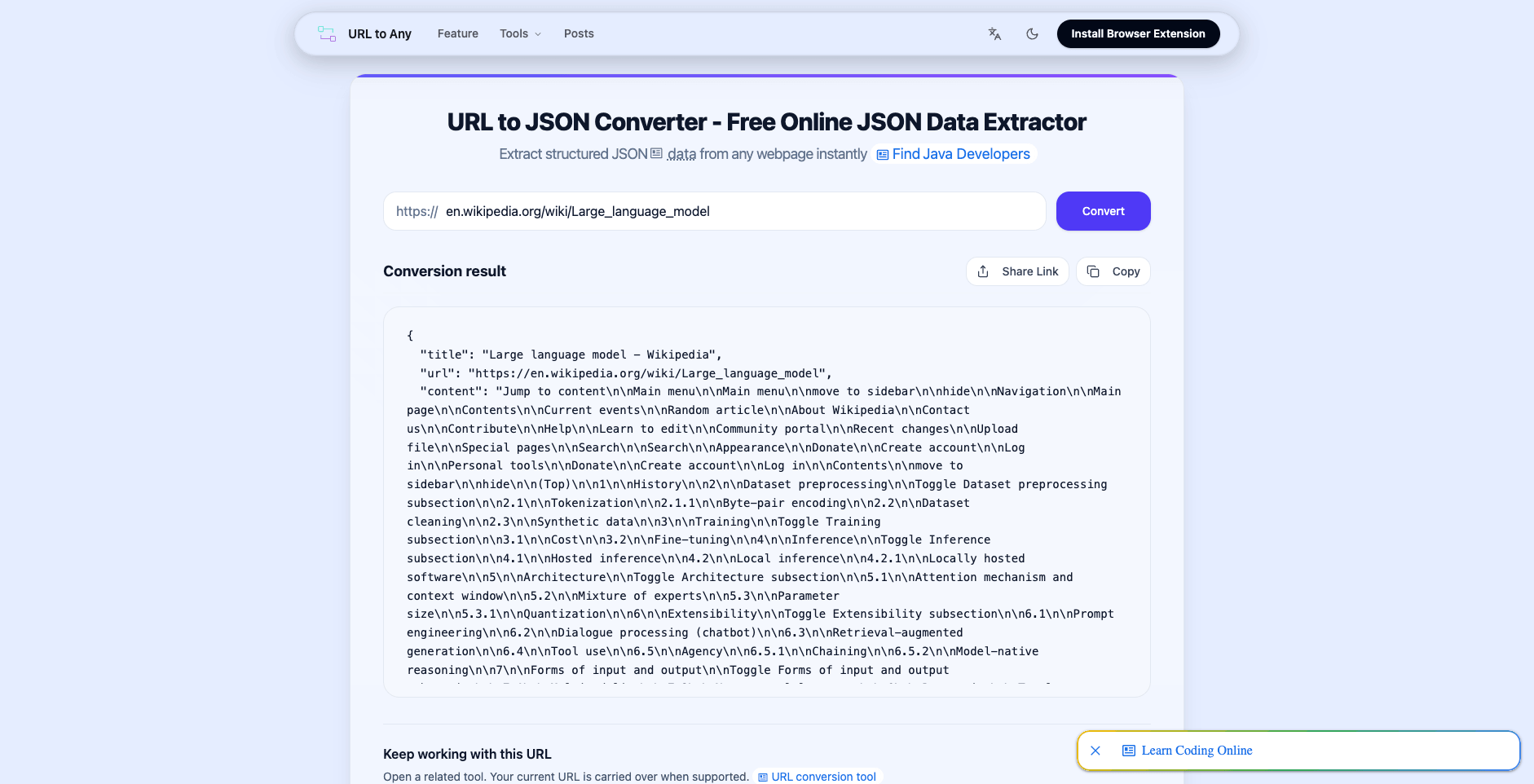 The same Wikipedia article converted to structured JSON with URL to Any's URL to JSON tool, ready for programmatic pipelines