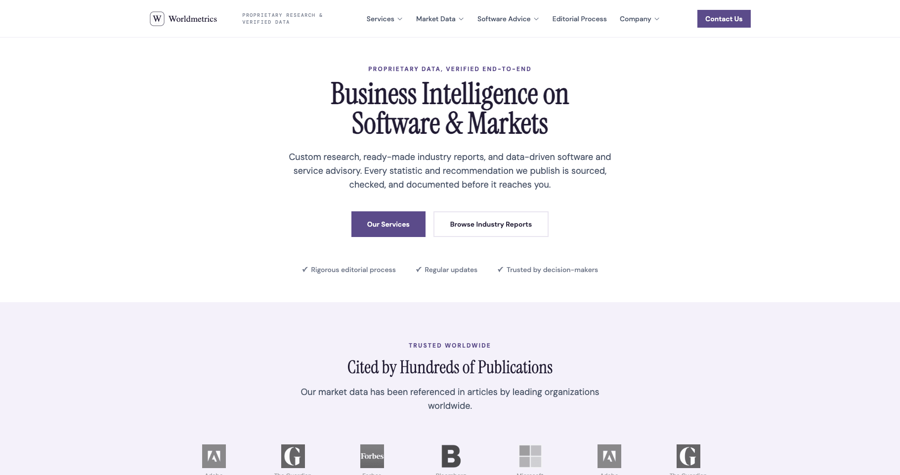 Homepage of worldmetrics.org presenting 'Business Intelligence on Software & Markets' with 'Rigorous editorial process' and 'Cited by Hundreds of Publications' claims