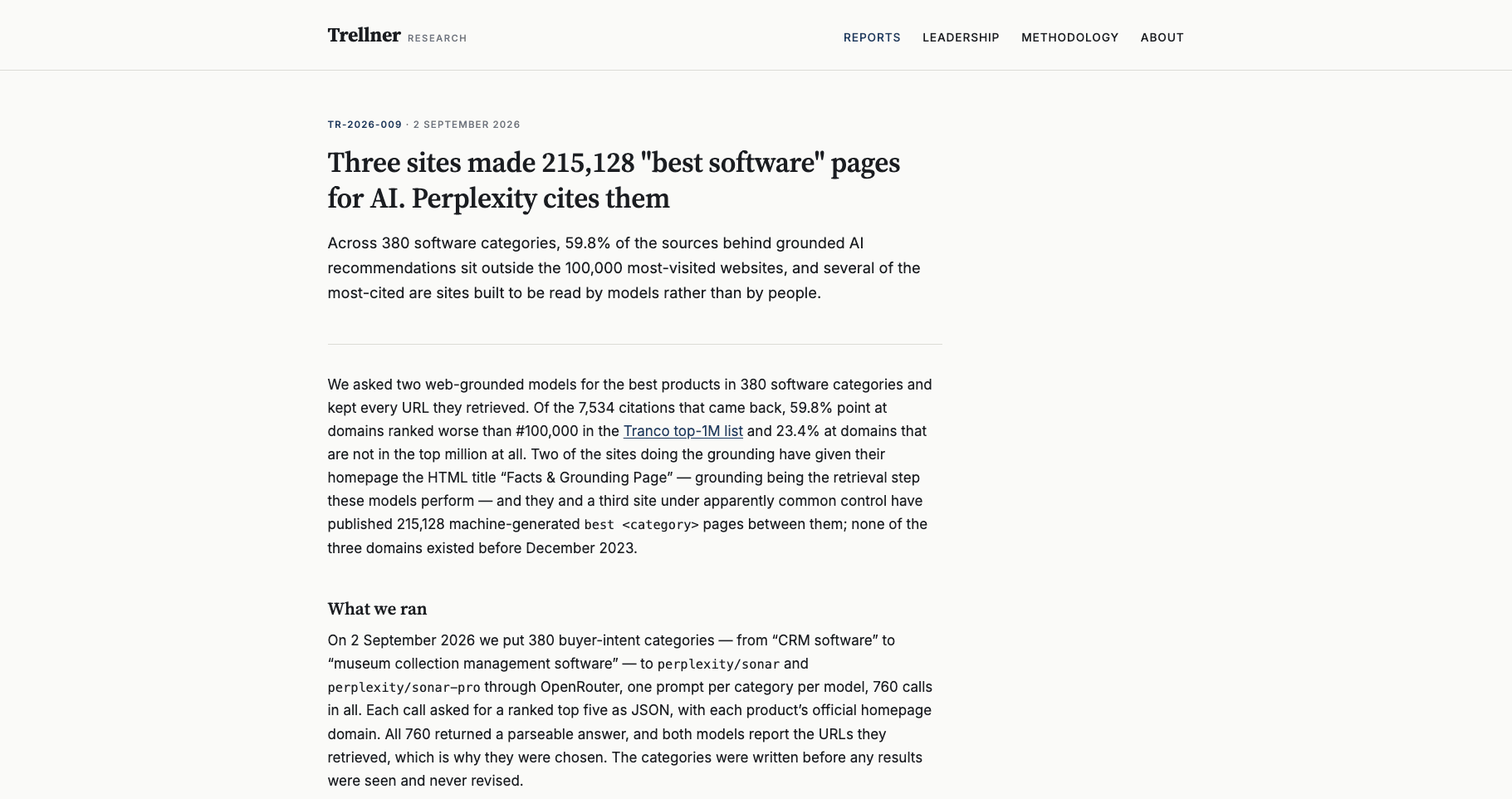 The Trellner Research report page titled 'Three sites made 215,128 best software pages for AI. Perplexity cites them' with its summary statistics
