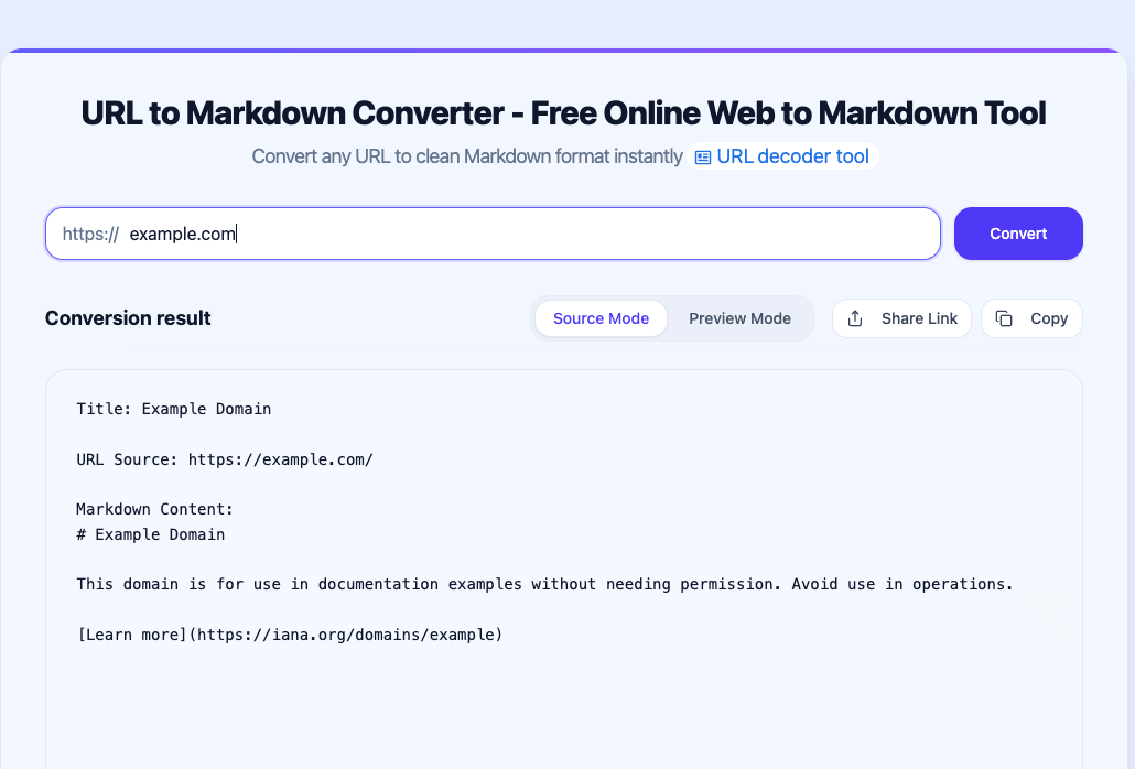 URL to Markdown converter page with example.com entered and the conversion result panel open in Source Mode