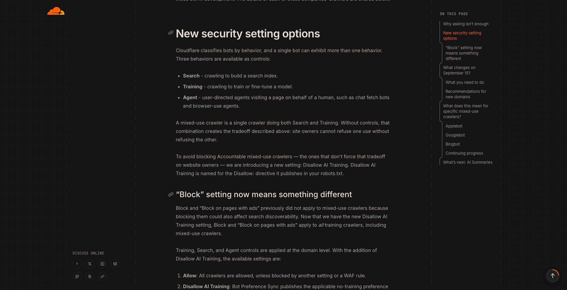 Cloudflare's announcement listing the four crawler control settings: Allow, Disallow AI Training, Block on pages with ads, and Block