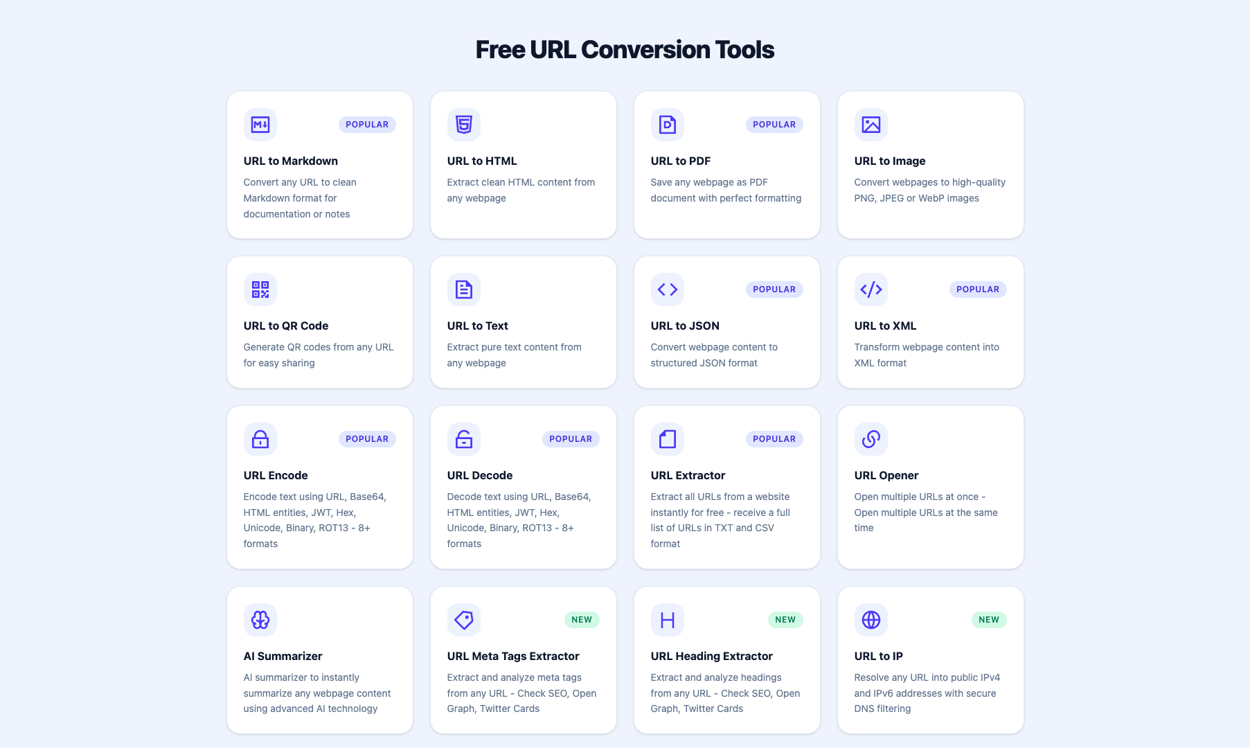 The URL to Any homepage tool grid showing sixteen converters grouped in one screen