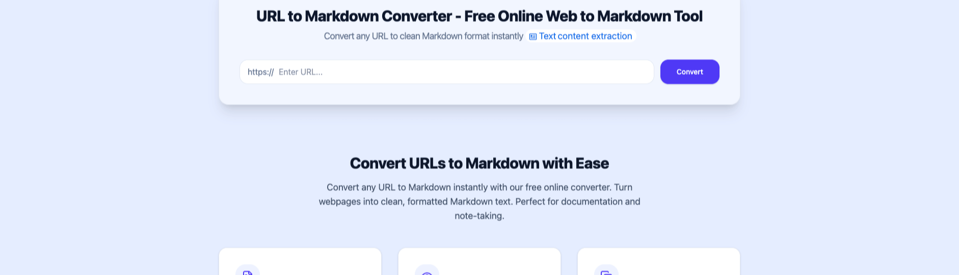 URL to Any's URL to Markdown tool page with the URL input box ready for a conversion