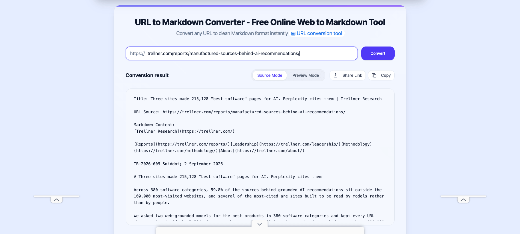 URL to Any's URL to Markdown tool showing a real webpage converted into clean Markdown text